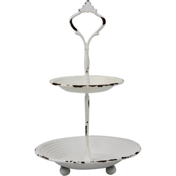 Small 2 Tier Worn White Metal Tray, Rustic Farmhouse Decor, Tiered Jewelry Tray - Picture 1 of 7